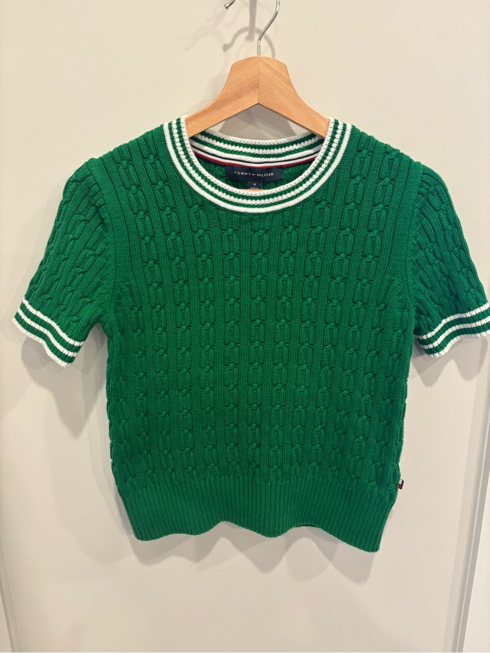 Tommy Hilfiger Green Cable Knit Short Sleeve Top with White Trim